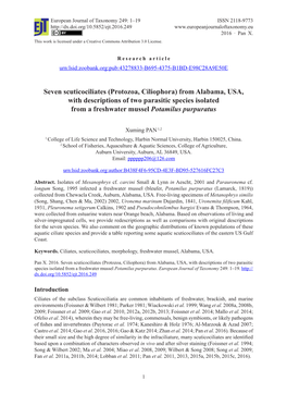 Seven Scuticociliates (Protozoa, Ciliophora) from Alabama, USA, with Descriptions of Two Parasitic Species Isolated from a Freshwater Mussel Potamilus Purpuratus
