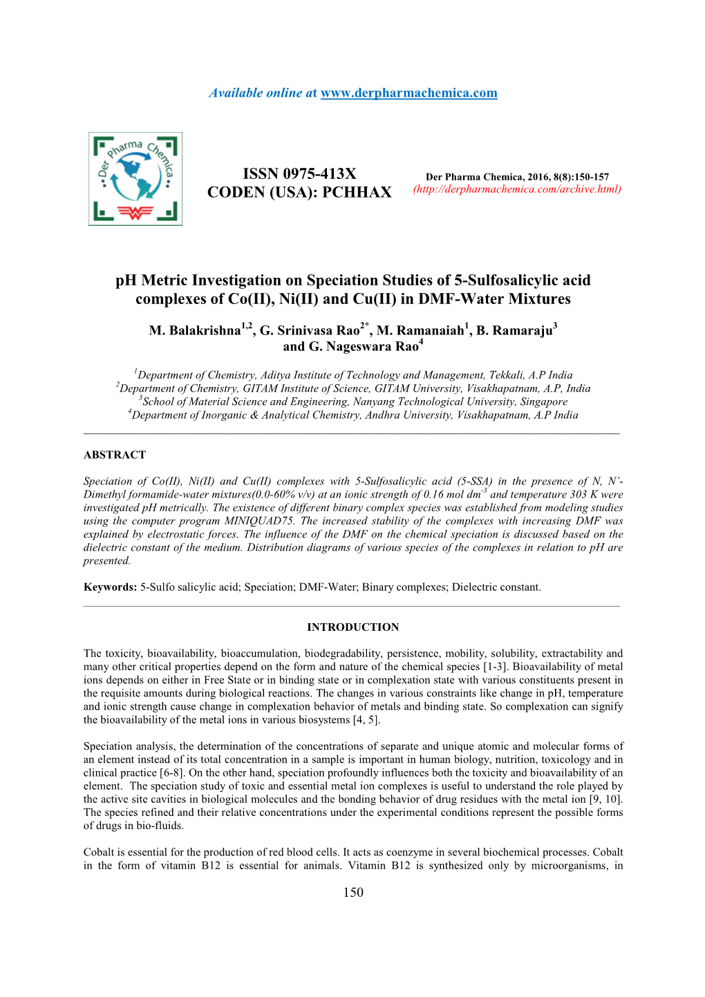 Ph Metric Investigation on Speciation Studies of 5-Sulfosalicylic Acid Complexes of Co(II), Ni(II) and Cu(II) in DMF-Water Mixtures