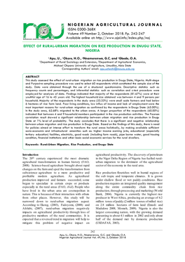 NIGERIAN AGRICULTURAL JOURNAL ISSN: 0300-368X Volume 49 Number 2, October 2018