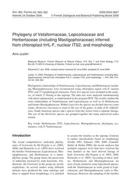 Phylogeny of Vetaformaceae, Lepicoleaceae and Herbertaceae (Including Mastigophoraceae) Inferred from Chloroplast Trnl-F, Nuclear ITS2, and Morphology