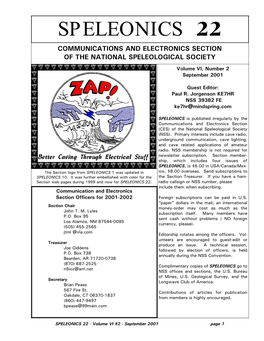 Speleonics 22 Communications and Electronics Section of the National Speleological Society