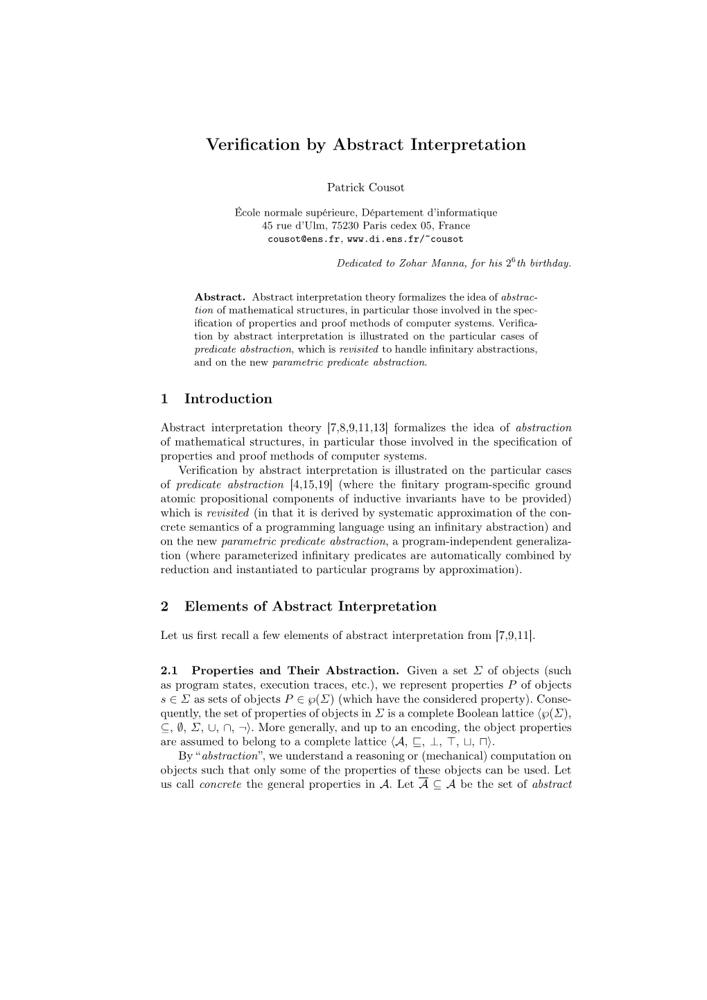 Verification by Abstract Interpretation