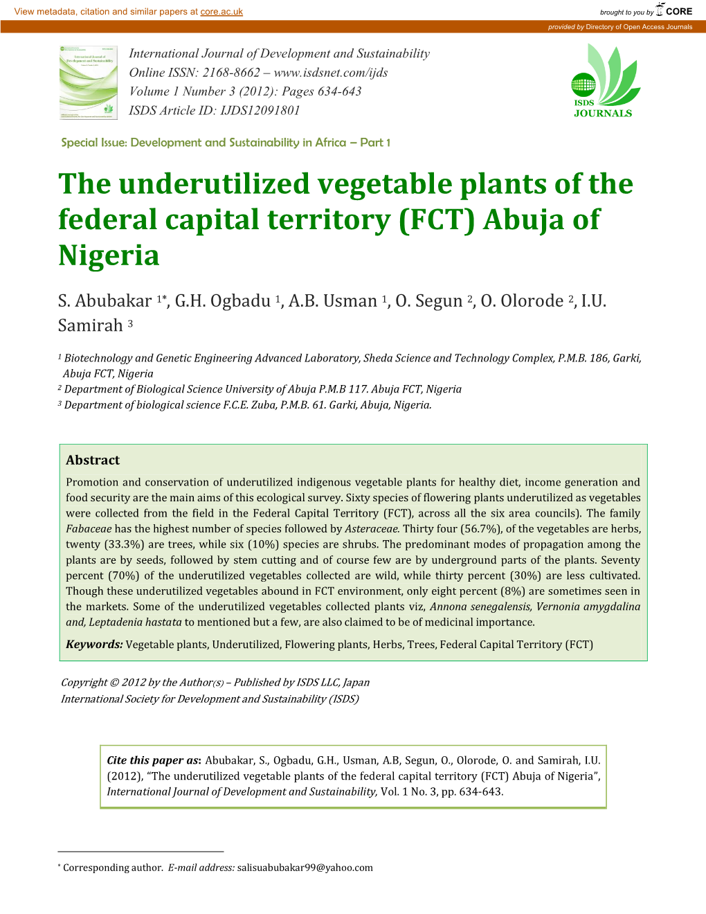 The Underutilized Vegetable Plants of the Federal Capital Territory (FCT) Abuja of Nigeria