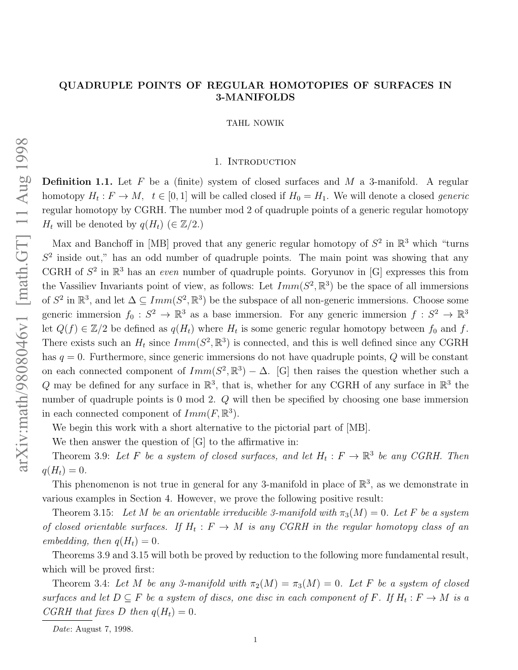 Math.GT] 11 Aug 1998 Nec Once Opnn of Component Connected Each on Hr Xsssc an Such Exists There Has Let Ubro Udul Onsi O 2