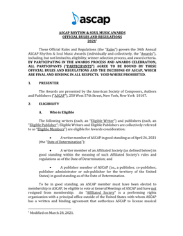 2021 ASCAP Rhythm & Soul Music Awards Official Rules And