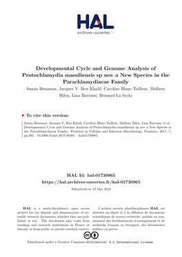 Developmental Cycle and Genome Analysis of Protochlamydia Massiliensis Sp Nov a New Species in the Parachlamydiacae Family Samia Benamar, Jacques Y