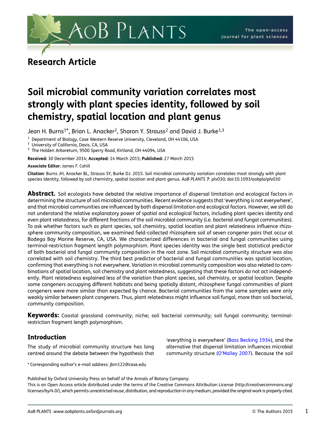 Soil Microbial Community Variation Correlates Most Strongly with Plant Species Identity, Followed by Soil Chemistry, Spatial Location and Plant Genus