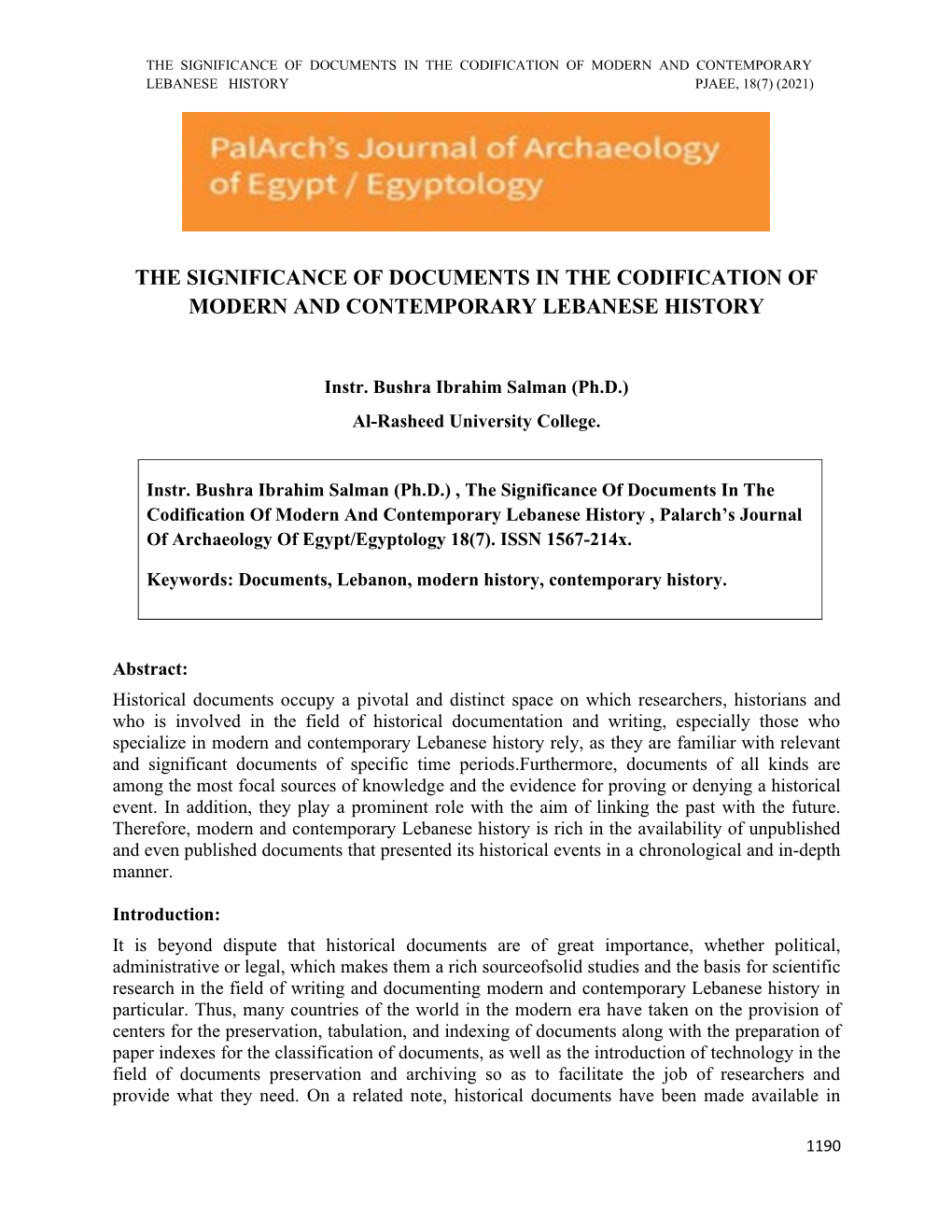 The Significance of Documents in the Codification of Modern and Contemporary Lebanese History Pjaee, 18(7) (2021)