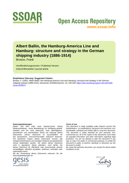 Albert Ballin, the Hamburg-America Line and Hamburg: Structure and Strategy in the German Shipping Industry (1886-1914) Broeze, Frank