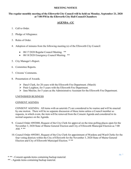 Consent Agenda Items Containing Backup Material. ** - Agenda Items Containing Backup Material