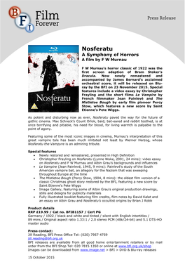 Nosferatu a Symphony of Horrors a Film by F W Murnau