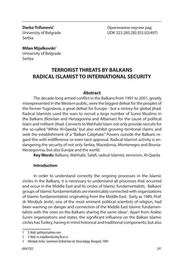 Terrorist Threats by Balkans Radical Islamist to International Security