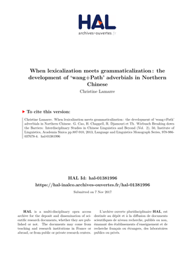 When Lexicalization Meets Grammaticalization : the Development of ‘Wang+Path’ Adverbials in Northern Chinese Christine Lamarre