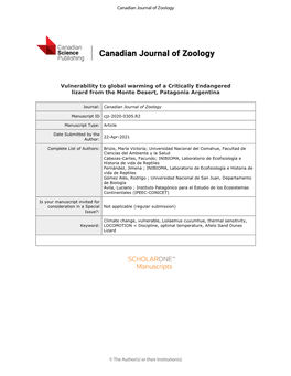 Vulnerability to Global Warming of a Critically Endangered Lizard from the Monte Desert, Patagonia Argentina