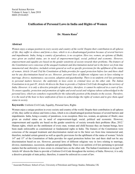 Unification of Personal Laws in India and Rights of Women