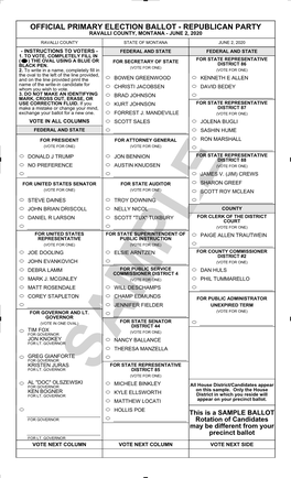 Official Primary Election Ballot - Republican Party Ravalli County, Montana - June 2, 2020