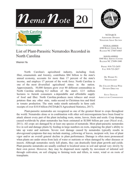 Note 20: List of Plant-Parasitic Nematodes Found in North Carolina