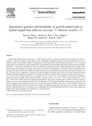 Quantitative Genetics and Heritability of Growth-Related Traits in Hybrid Striped Bass (Morone Chrysops ♀×Morone Saxatilis ♂)