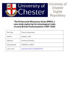 The Pentecostal Missionary Union (PMU), a Case Study Exploring the Missiological Roots of Early British Pentecostalism (1909-1925)