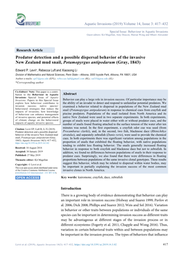 Predator Detection and a Possible Dispersal Behavior of the Invasive New Zealand Mud Snail, Potamopyrgus Antipodarum (Gray, 1843)