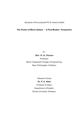 The Fiction of Mavis Gallant : a Post-Modern Perspective Shri R. G