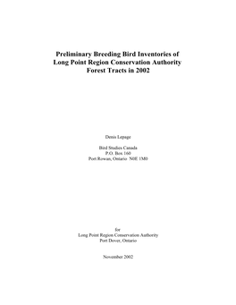 Preliminary Breeding Bird Inventories of Long Point Region Conservation Authority Forest Tracts in 2002