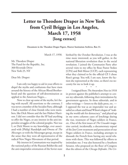 Letter to Theodore Draper in New York from Cyril Briggs in Los Angeles, March 17, 1958 [Long Extract]