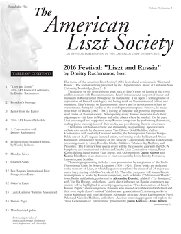 2016 Festival: "Liszt and Russia" TABLE of CONTENTS by Dmitry Rachmanov, Host