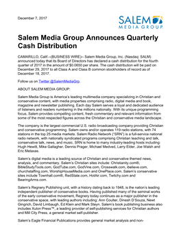 Salem Media Group Announces Quarterly Cash Distribution