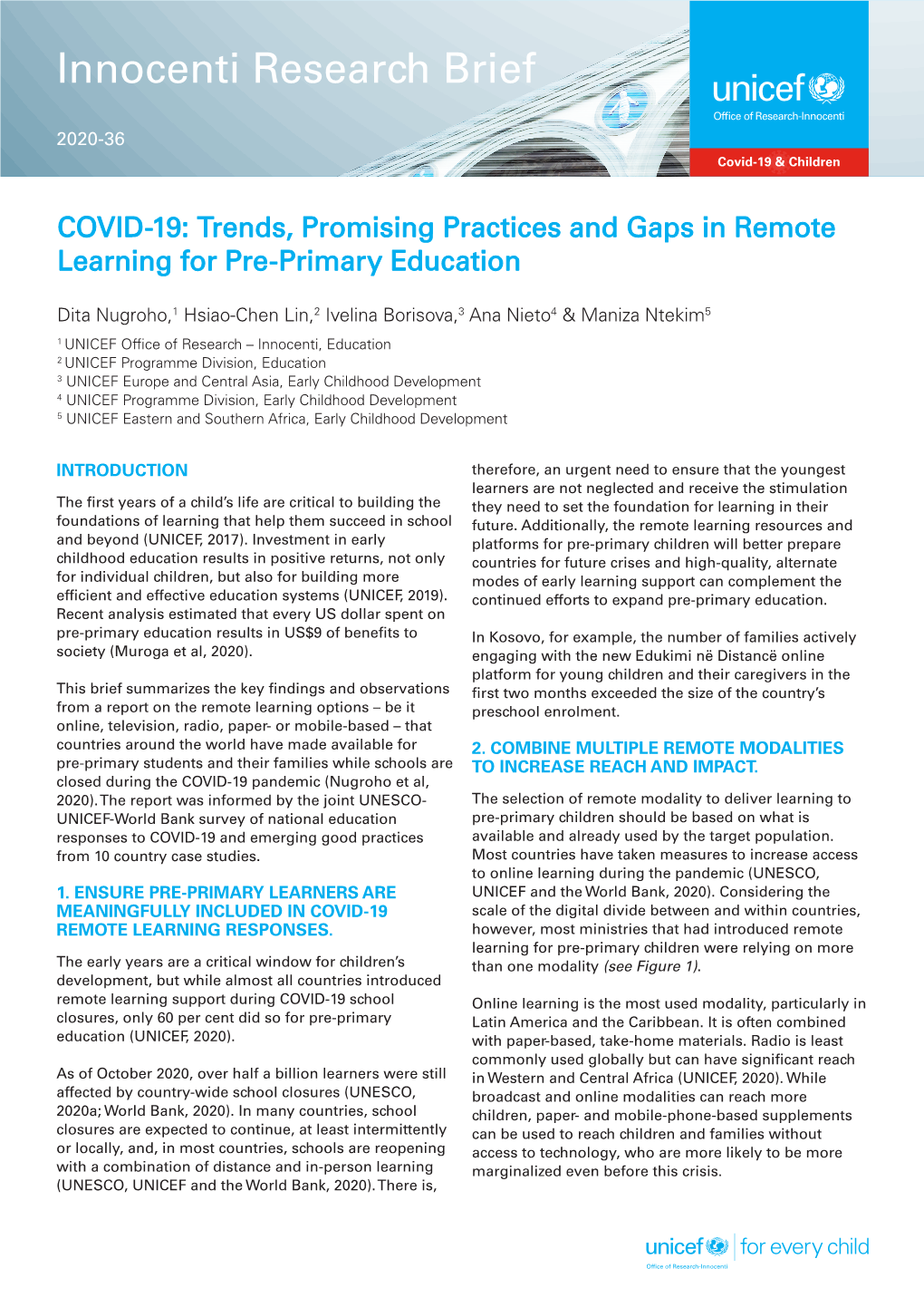 COVID-19: Trends, Promising Practices and Gaps in Remote Learning for Pre-Primary Education