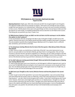 NYG Postgame (Vs. Jets) Transcripts: Head Coach Joe Judge August 14, 2021