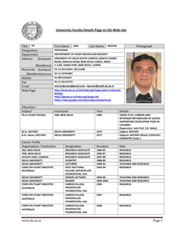 University Faculty Details Page on DU Web-Site