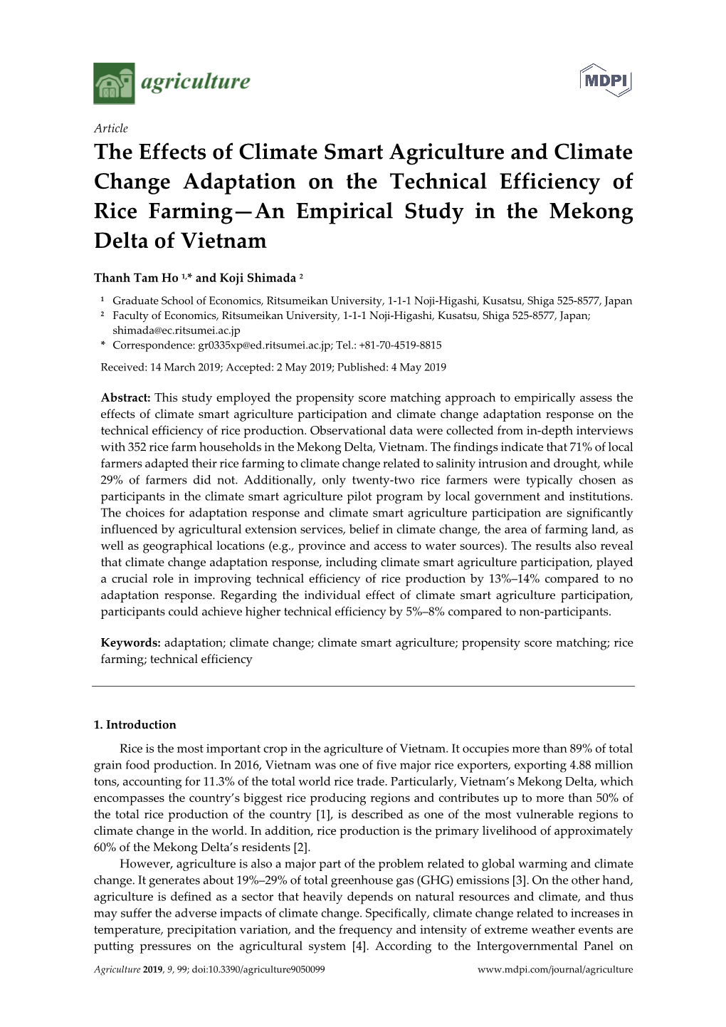 The Effects of Climate Smart Agriculture and Climate Change Adaptation on the Technical Efficiency of Rice Farming—An Empirical Study in the Mekong Delta of Vietnam