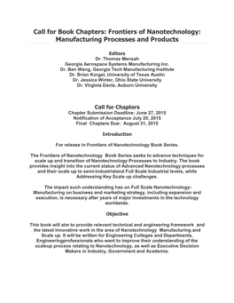 Call for Book Chapters: Frontiers of Nanotechnology: Manufacturing Processes and Products