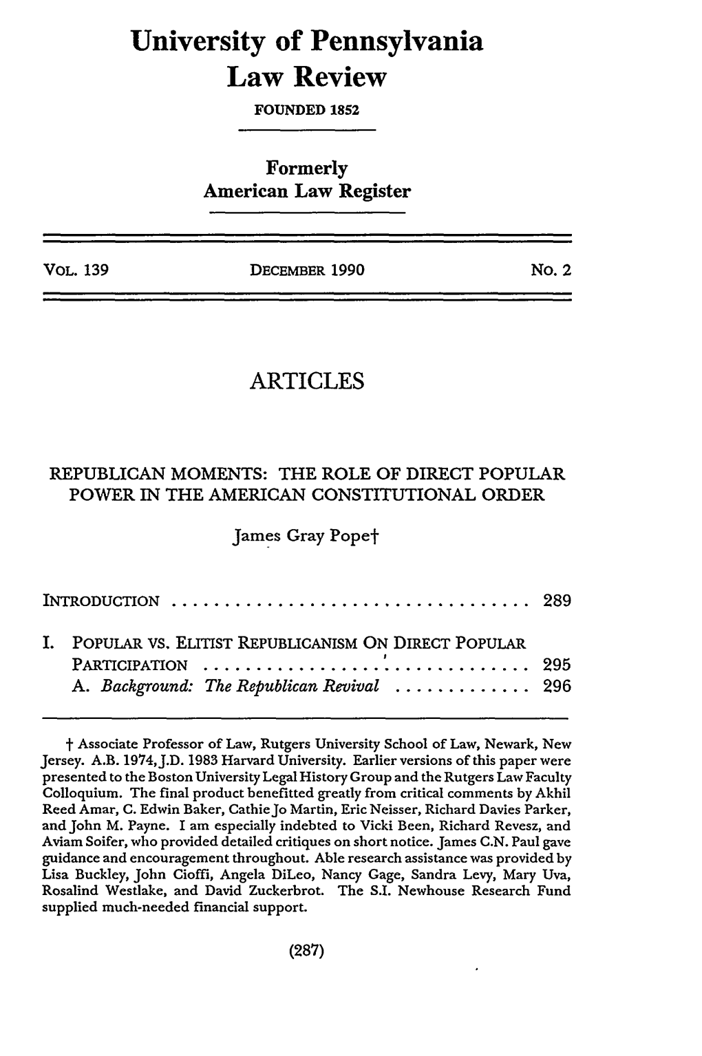 Republican Moments: the Role of Direct Popular Power in the American Constitutional Order