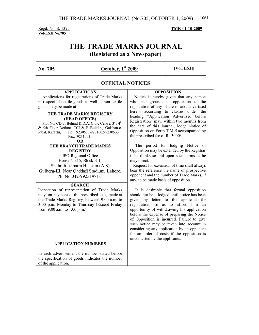 THE TRADE MARKS JOURNAL (No.705, OCTOBER 1, 2009) 1061