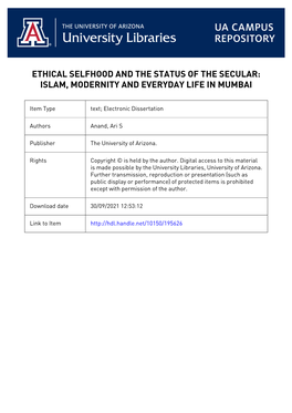 Ethical Selfhood and the Status of the Secular: Islam, Modernity and Everyday Life in Mumbai