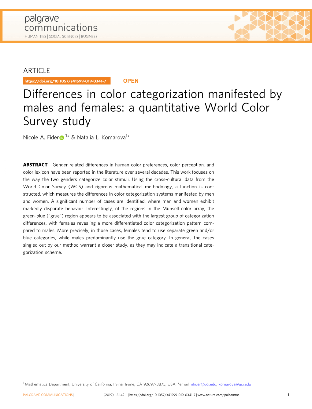 Differences in Color Categorization Manifested by Males and Females: a Quantitative World Color Survey Study