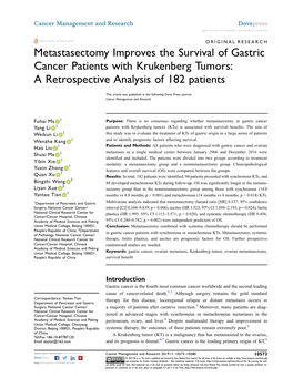 Metastasectomy Improves the Survival of Gastric Cancer Patients with Krukenberg Tumors: a Retrospective Analysis of 182 Patients
