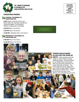 ST. MARY's PARISH 8 CHURCH ST. HOLLISTON, MA 01746 Paid CHRISTMAS MASSES COOKIE WALK RAISES $2,220 for the POOR OF