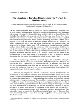 The Literature of Travel and Exploration: the Work of the Hakluyt Society