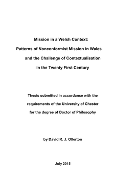 Patterns of Nonconformist Mission in Wales and the Challenge of Contextualisation in the Twenty First Century David R
