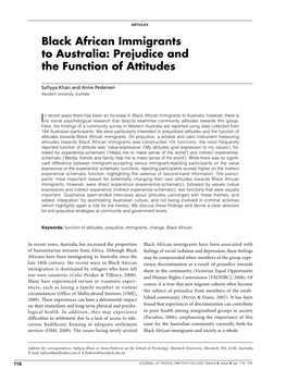 Black African Immigrants to Australia: Prejudice and the Function of Attitudes