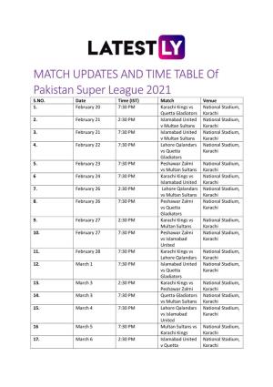 MATCH UPDATES and TIME TABLE of Pakistan Super League 2021 S.NO