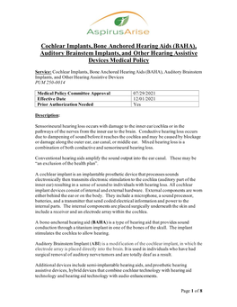 Cochlear Implants, Bone Anchored Hearing Aids (BAHA), Auditory Brainstem Implants, and Other Hearing Assistive Devices Medical Policy