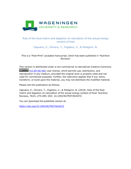 Role of the Food Matrix and Digestion on Calculation of the Actual Energy Content of Food