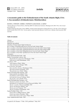 Zootaxa, a Taxonomic Guide to the Echinodermata of the South Atlantic Bight