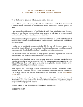 Letter of His Holiness Benedict Xvi to the Bishops of Latin America and the Caribbean