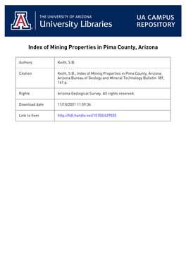 INDEX of MINING PROPERTIES in PIMA COUNTY, ARIZONA Bureau