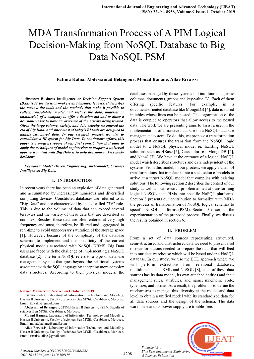 MDA Transformation Process of a PIM Logical Decision-Making from Nosql Database to Big Data Nosql PSM